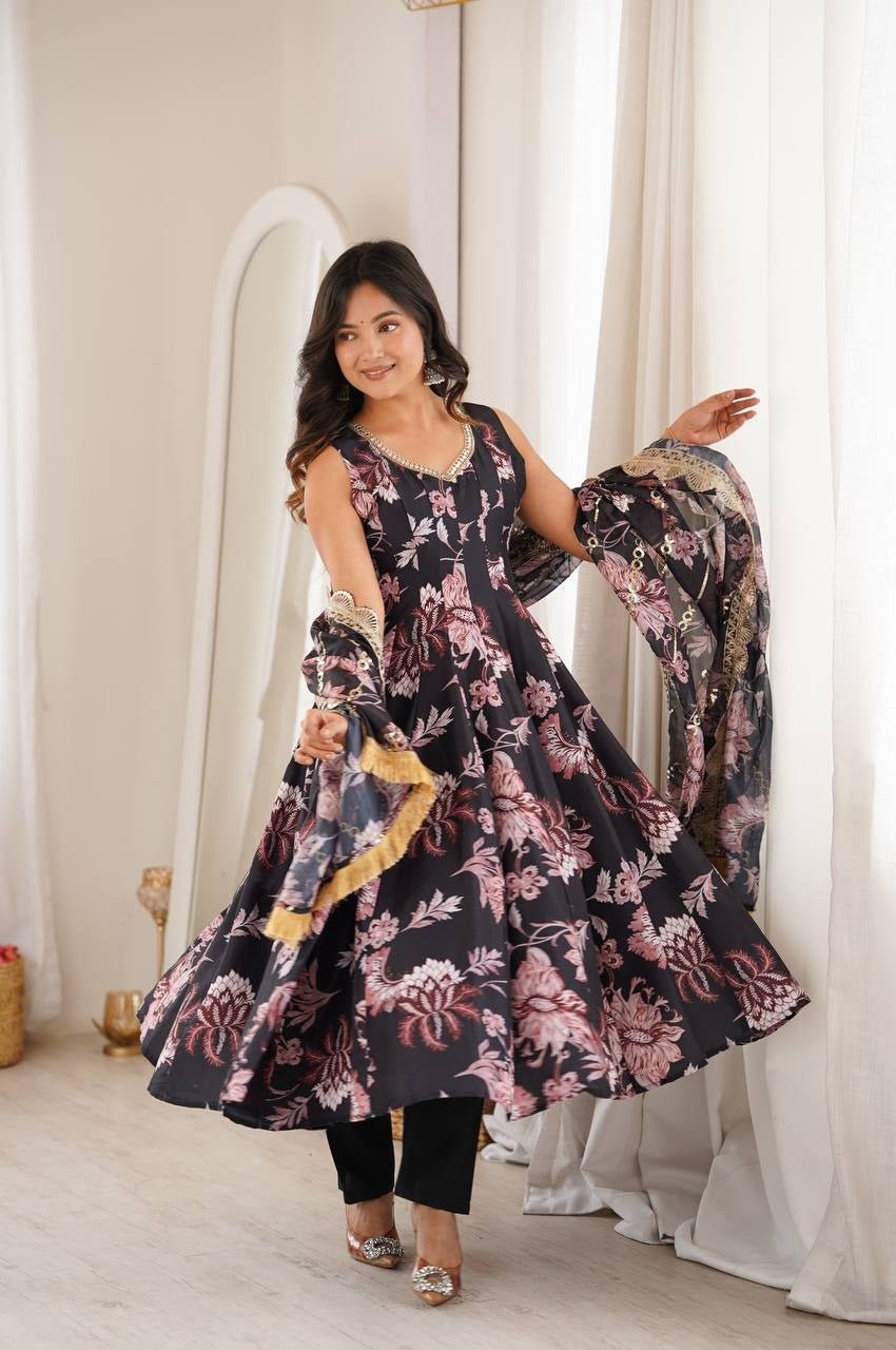 Premium Black Muslin Floral Print Anarkali Gown Suit Set Premium Black Muslin Floral Print Anarkali Gown Suit Set