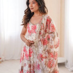Cream White Muslin Floral Print Anarkali Set