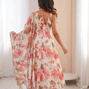 Cream White Muslin Floral Print Anarkali Set