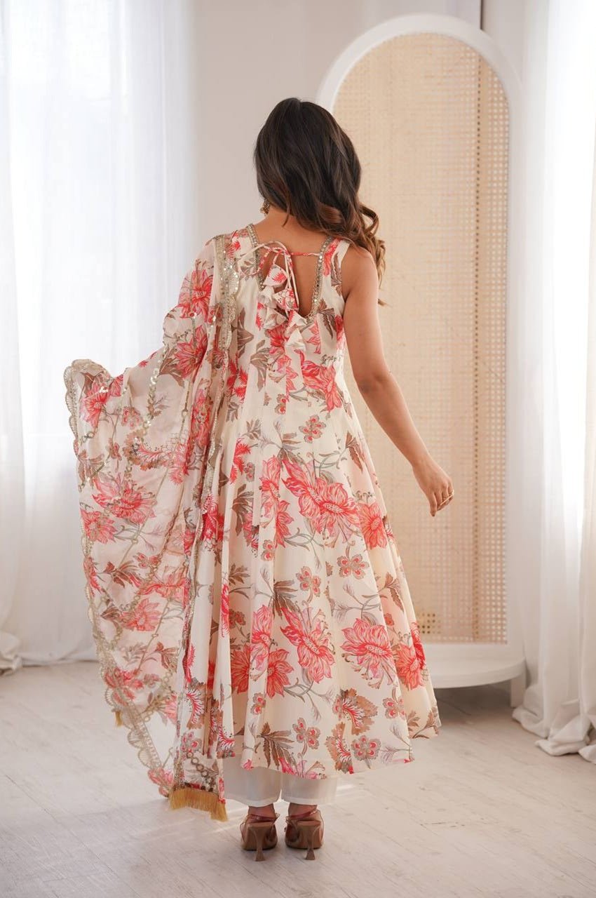 Cream White Muslin Floral Print Anarkali Set Cream White Muslin Floral Print Anarkali Set