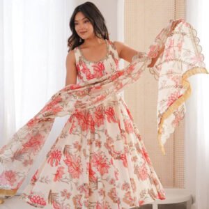 Cream White Muslin Floral Print Anarkali Set