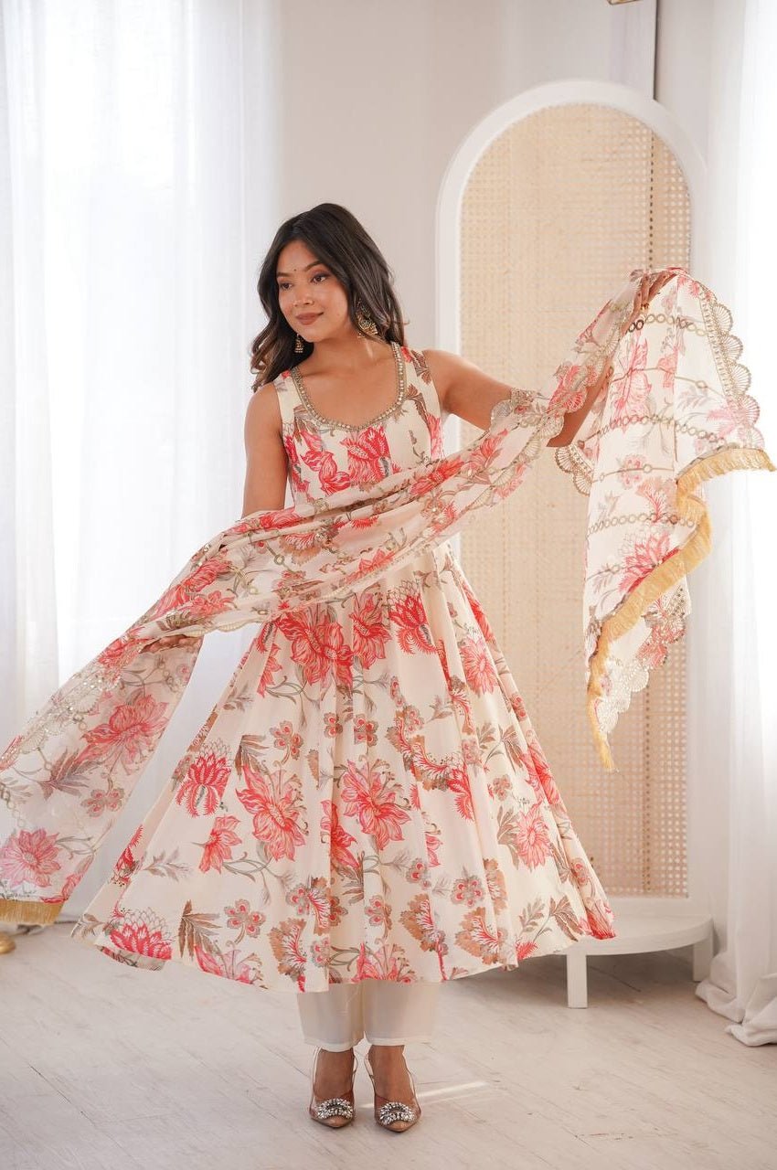 Cream White Muslin Floral Print Anarkali Set Cream White Muslin Floral Print Anarkali Set