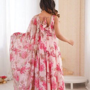 Pink Muslin Floral Print Anarkali Set