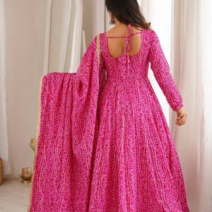Pink Rayon Mirror Embroidery Ethnic Gown Set with Pant and Dupatta