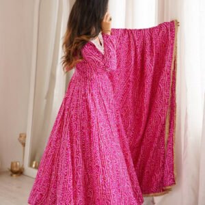 Pink Rayon Mirror Embroidery Ethnic Gown Set with Pant and Dupatta