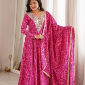 Pink Rayon Mirror Embroidery Ethnic Gown Set with Pant and Dupatta