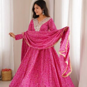 Pink Rayon Mirror Embroidery Ethnic Gown Set with Pant and Dupatta