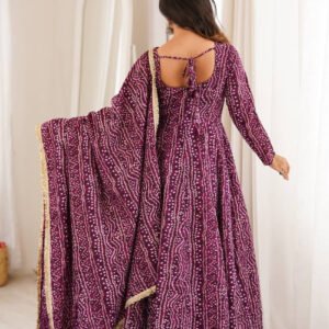 Wine Rayon Mirror Embroidery Anarkali Gown Set with Pant and Dupatta