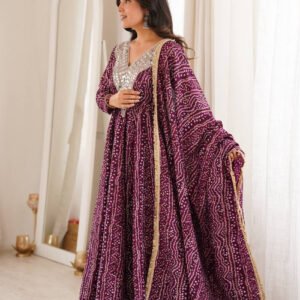 Wine Rayon Mirror Embroidery Anarkali Gown Set with Pant and Dupatta