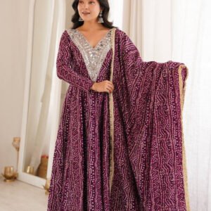 Wine Rayon Mirror Embroidery Anarkali Gown Set with Pant and Dupatta
