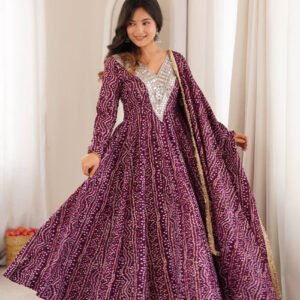 Wine Rayon Mirror Embroidery Anarkali Gown Set with Pant and Dupatta