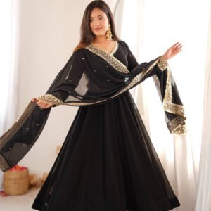 Black Georgette Sequence Embroidery Gown with Mirror Work Lace