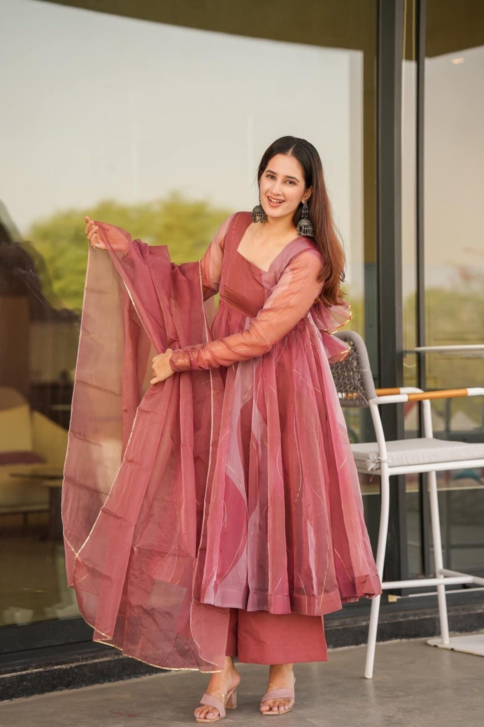 Stunning Salmon Soft Organza Anarkali Suit Set with Lace Border Dupatta Stunning Salmon Soft Organza Anarkali Suit Set with Lace Border Dupatta