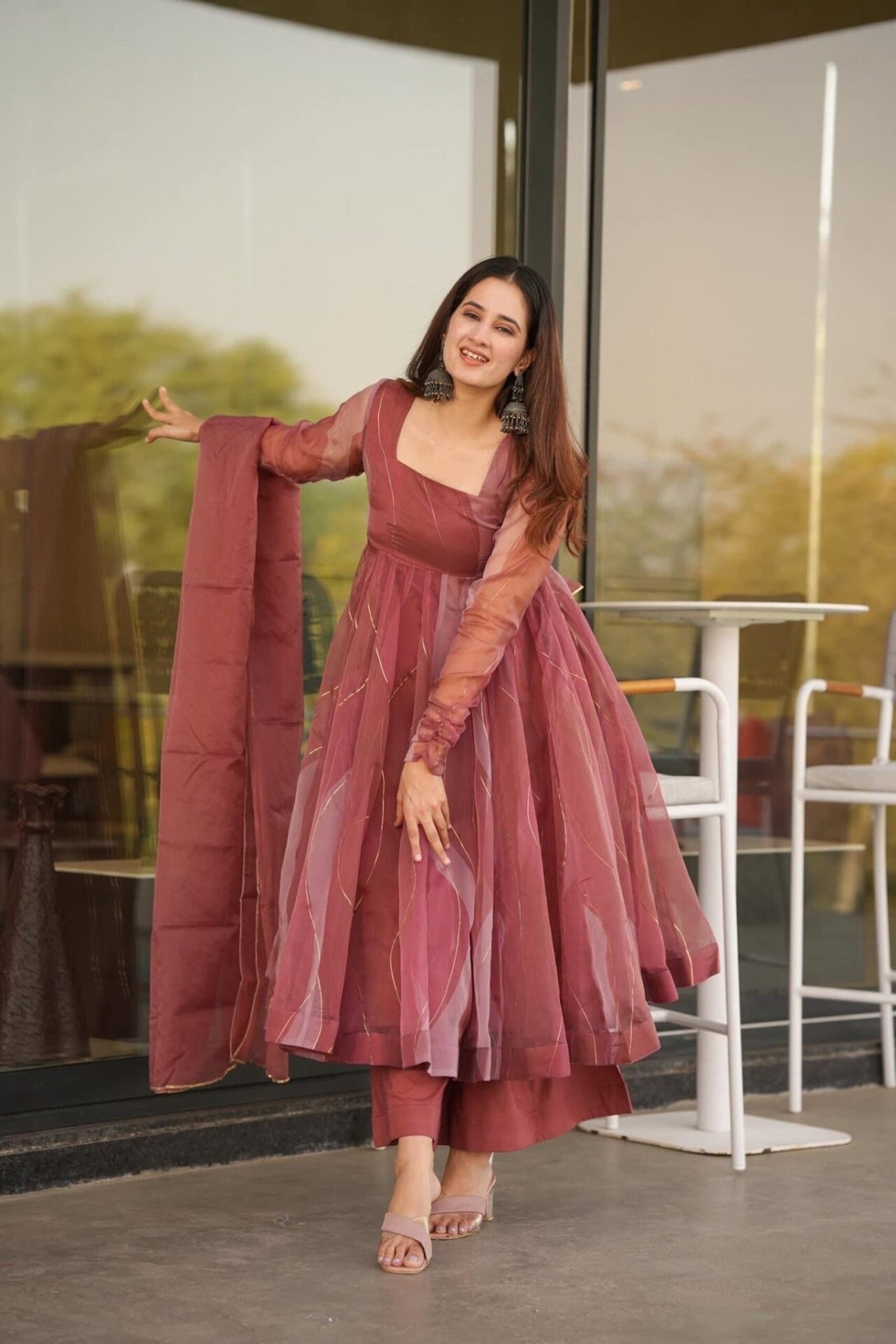 Stunning Salmon Soft Organza Anarkali Suit Set with Lace Border Dupatta Stunning Salmon Soft Organza Anarkali Suit Set with Lace Border Dupatta