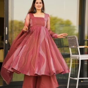 Stunning Salmon Soft Organza Anarkali Suit Set with Lace Border Dupatta