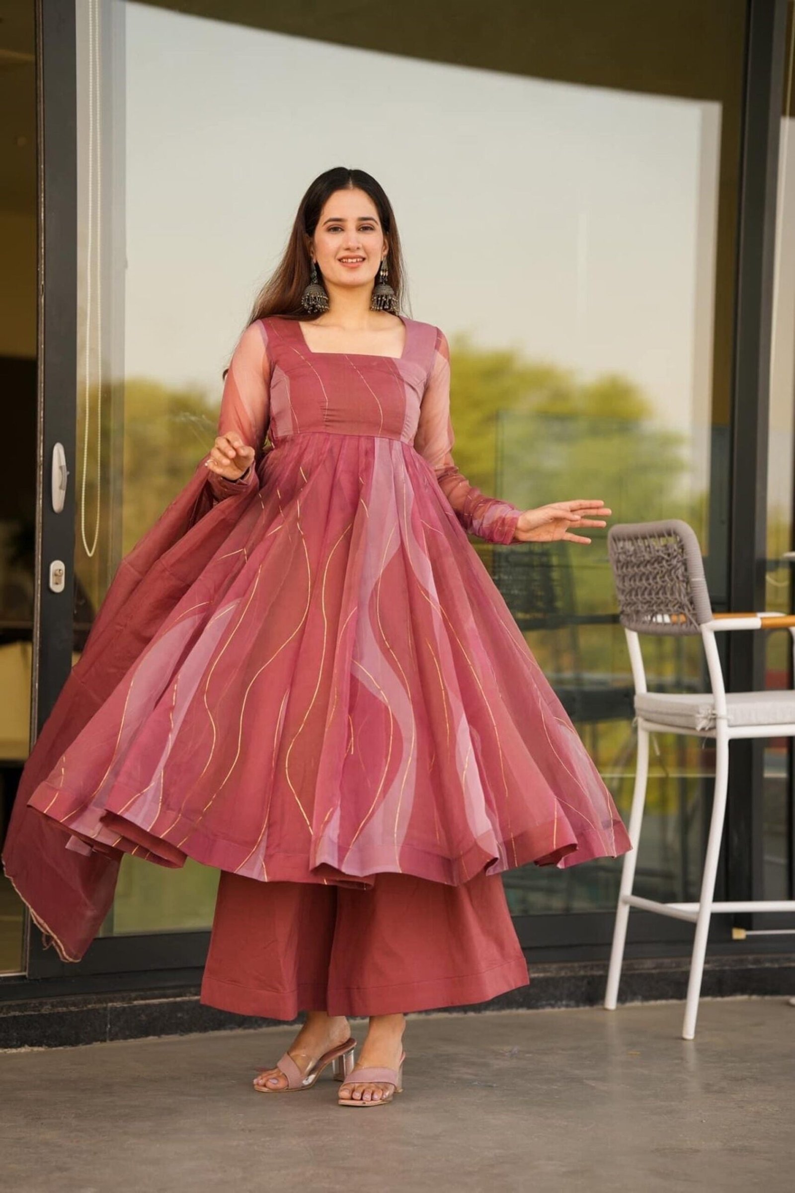 Stunning Salmon Soft Organza Anarkali Suit Set with Lace Border Dupatta Stunning Salmon Soft Organza Anarkali Suit Set with Lace Border Dupatta