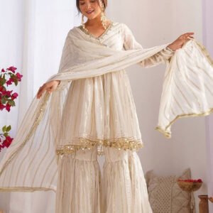 Gold White Designer Sharara Suit Set