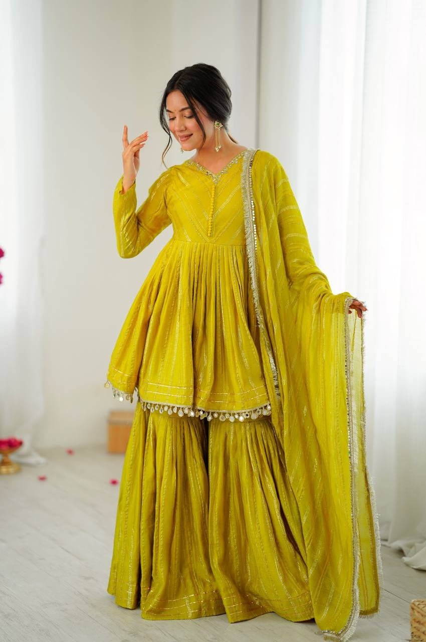 Mustard Yellow Mal Chanderi Sharara Set Mustard Yellow Mal Chanderi Sharara Set