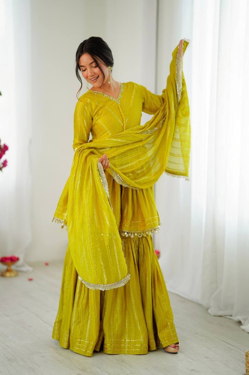 Mustard Yellow Mal Chanderi Sharara Set Mustard Yellow Mal Chanderi Sharara Set