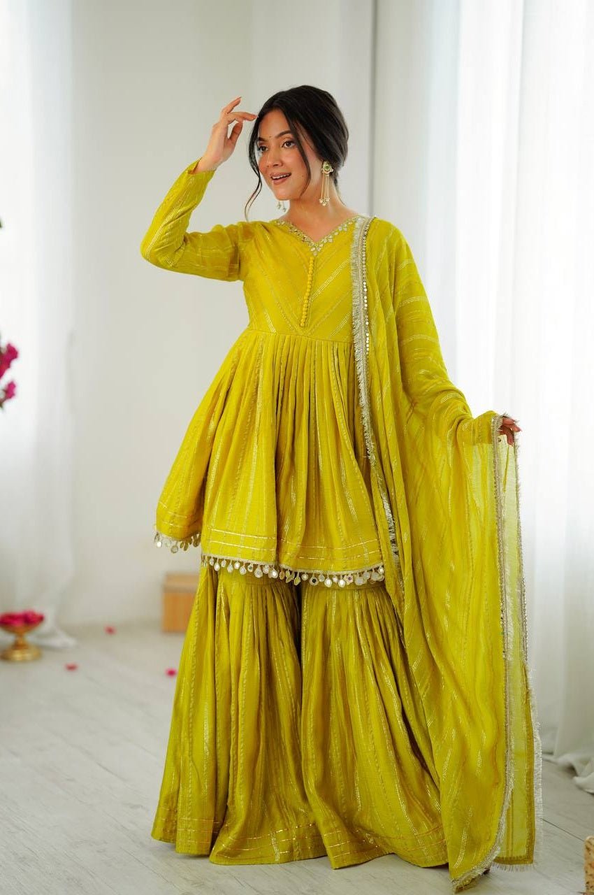 Mustard Yellow Mal Chanderi Sharara Set Mustard Yellow Mal Chanderi Sharara Set
