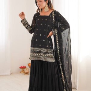 Black Sequin Work Ruffle Sharara Suit Set