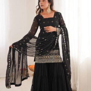 Black Sequin Work Ruffle Sharara Suit Set