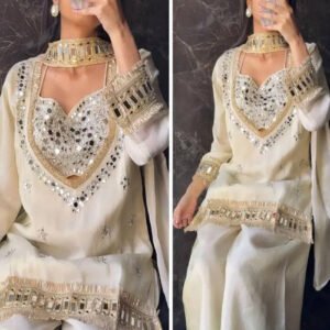 Off White Mirror Work Palazzo Suit