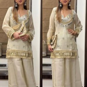 Off White Mirror Work Palazzo Suit