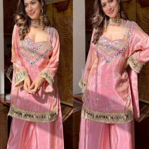 Pink Fendy Silk Sharara Suit with Real Mirror Work