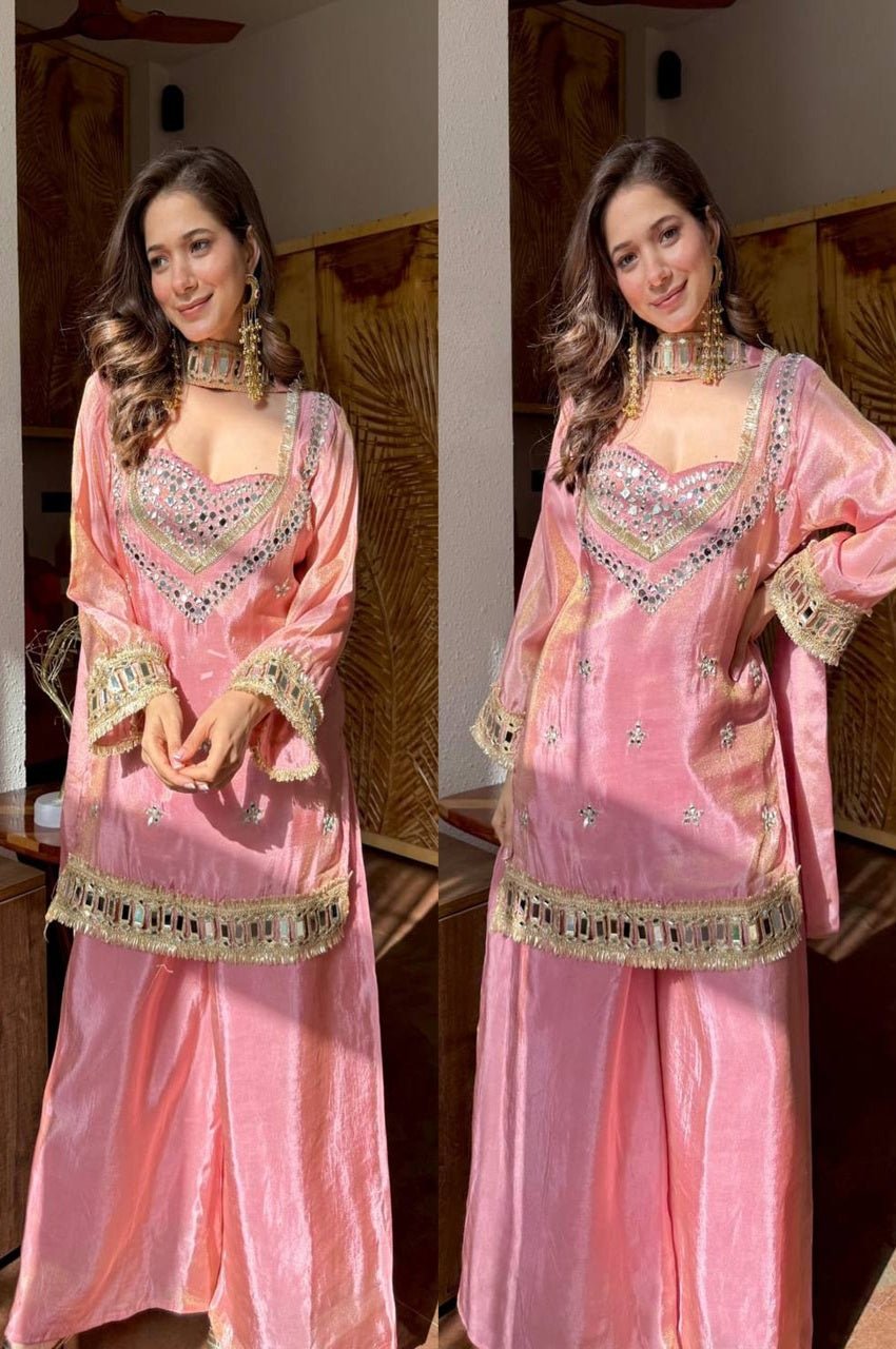 Pink Fendy Silk Sharara Suit with Real Mirror Work Pink Fendy Silk Sharara Suit with Real Mirror Work
