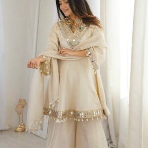 Ivory Tebby Organza Silk Sharara Suit with Real Mirror Lace Work