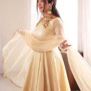 Beige Doremon Crush Silk Gown Set