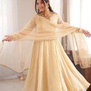 Beige Doremon Crush Silk Gown Set