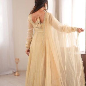 Beige Doremon Crush Silk Gown Set