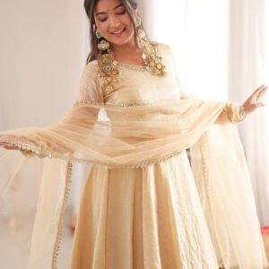 Beige Doremon Crush Silk Gown Set