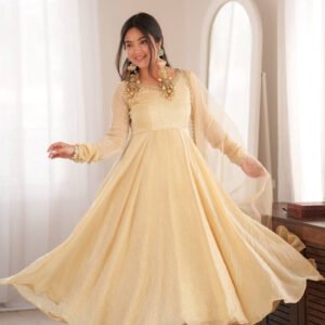 Beige Doremon Crush Silk Gown Set