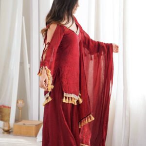 Maroon Doremon Crush Kurta Palazzo Set with Real Mirror Work Lace