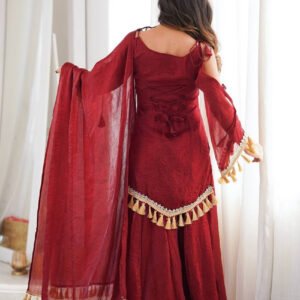 Maroon Doremon Crush Kurta Palazzo Set with Real Mirror Work Lace