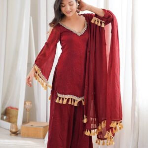 Maroon Doremon Crush Kurta Palazzo Set with Real Mirror Work Lace