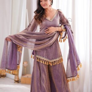 Rustic Lilac Doremon Crush Real Mirror Work Kurta Palazzo Set with Dupatta