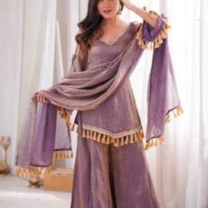 Rustic Lilac Doremon Crush Real Mirror Work Kurta Palazzo Set with Dupatta