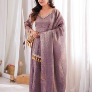 Rustic Lilac Doremon Crush Real Mirror Work Kurta Palazzo Set with Dupatta