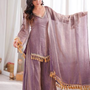 Rustic Lilac Doremon Crush Real Mirror Work Kurta Palazzo Set with Dupatta