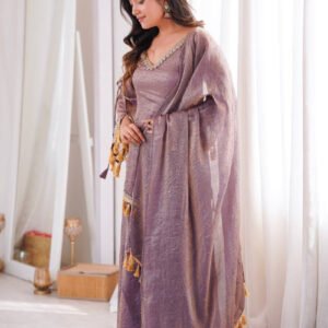 Rustic Lilac Doremon Crush Real Mirror Work Kurta Palazzo Set with Dupatta