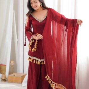 Maroon Doremon Crush Kurta Palazzo Set with Real Mirror Work Lace