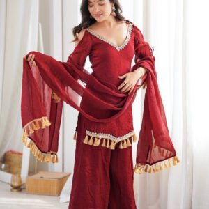 Maroon Doremon Crush Kurta Palazzo Set with Real Mirror Work Lace