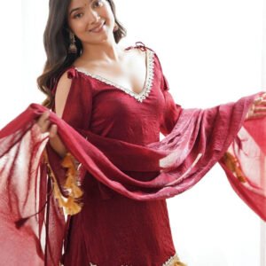 Maroon Doremon Crush Kurta Palazzo Set with Real Mirror Work Lace
