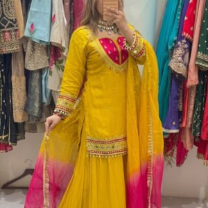 Mustard Roman Glass Mirror Work Kurta Palazzo Set with Kota Checks Dupatta