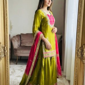 Premium Olive Green Roman Glass Silk Kurta Palazzo Set