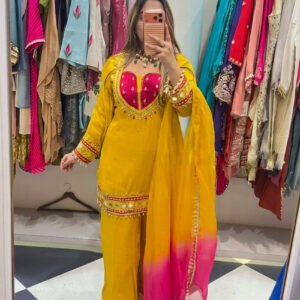 Mustard Roman Glass Mirror Work Kurta Palazzo Set with Kota Checks Dupatta